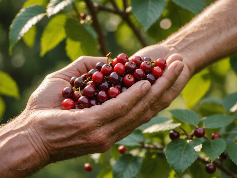 Hands hold ripe red coffee cherries on a Minas Gerais farm